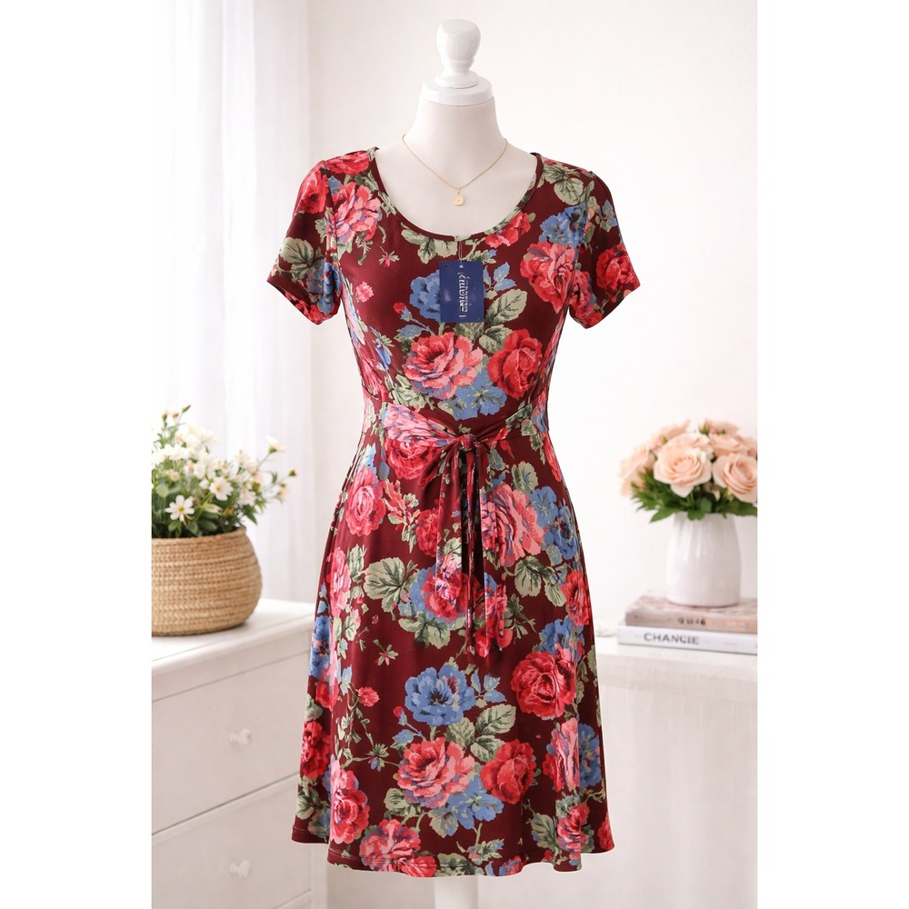 PIPHANY Floral Tie Waist Midi Dress Burgundy Blue Red Roses Short Sleeve L